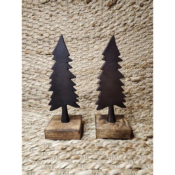 2 Black Bronze Painted Cast Iron Christmas Trees Holiday Decor Festive Tabletop - Picture 1 of 6
